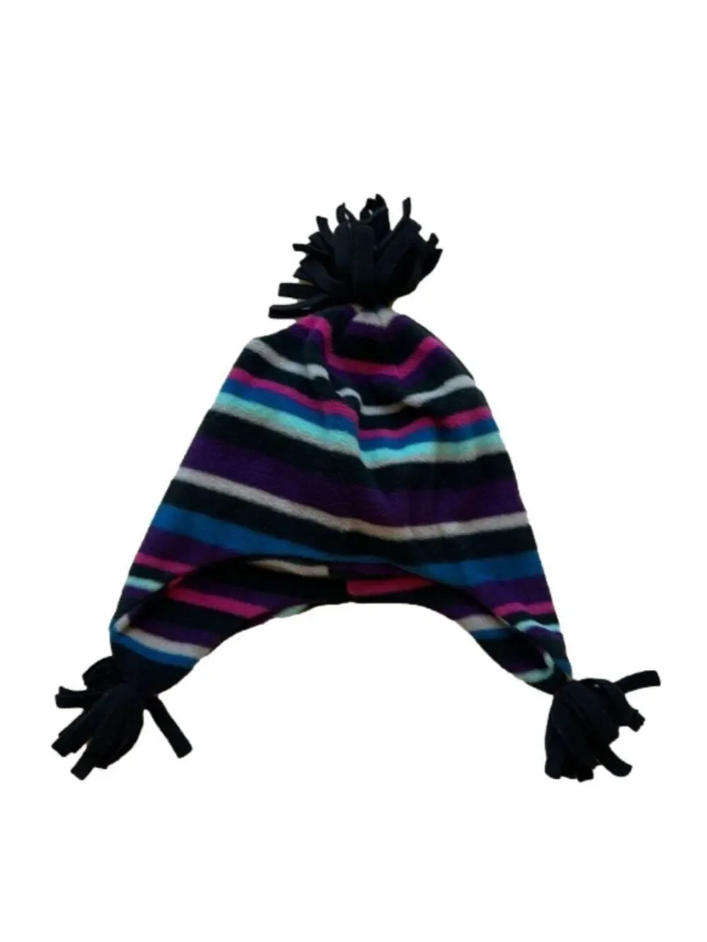 Girls Black, Blue, Pink, Purple, Teal and Grey Striped Ear Flap Winter Beanie